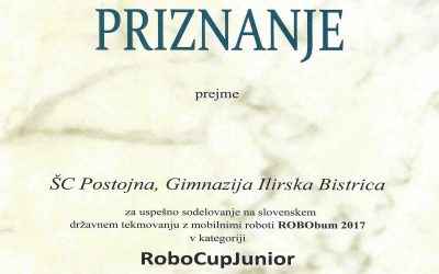 Priznanje Gimnaziji Ilirska Bistrica za uspešno sodelovanje na državnem robotskem tekmovanju