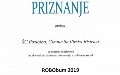 Priznanje Gimnaziji Ilirska Bistrica za uspešno sodelovanje na državnem tekmovanju z mobilnimi roboti in uvrstitev na evropsko robotsko tekmovanje